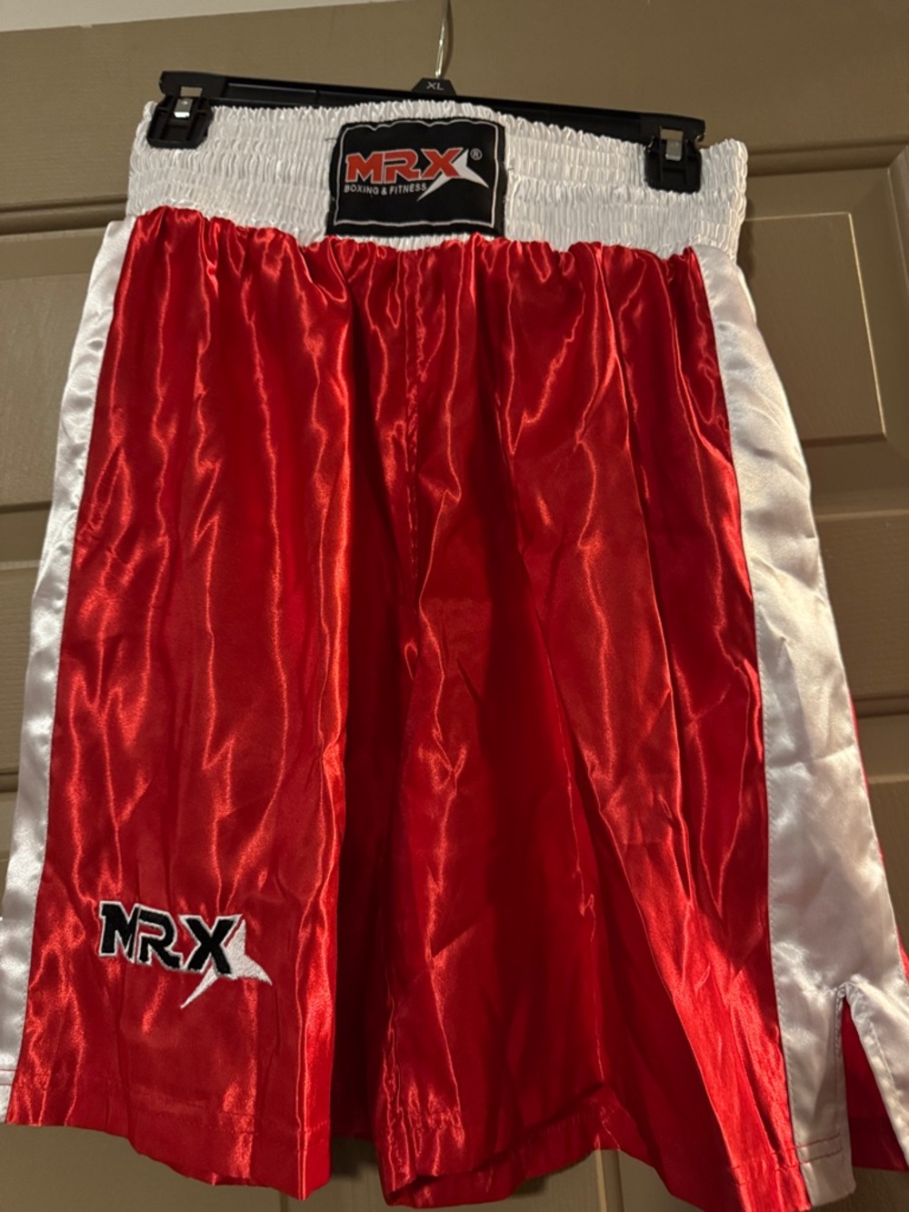 MRX Red Satin Boxing Shorts with White Trim